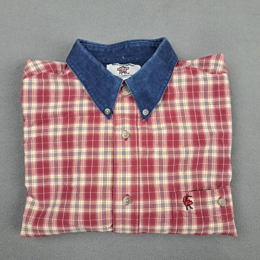 Wrangler PBR Button Down Shirt Mens Size XL Red Plaid Rodeo Bull Riding Official